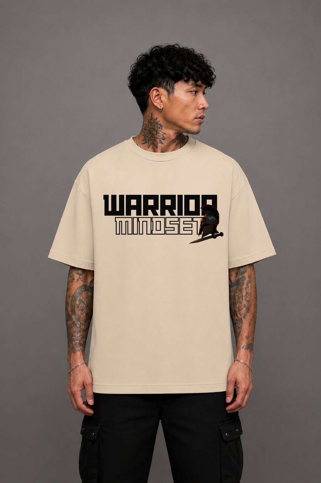 Warrior Graphic Oversized T-Shirt Beige