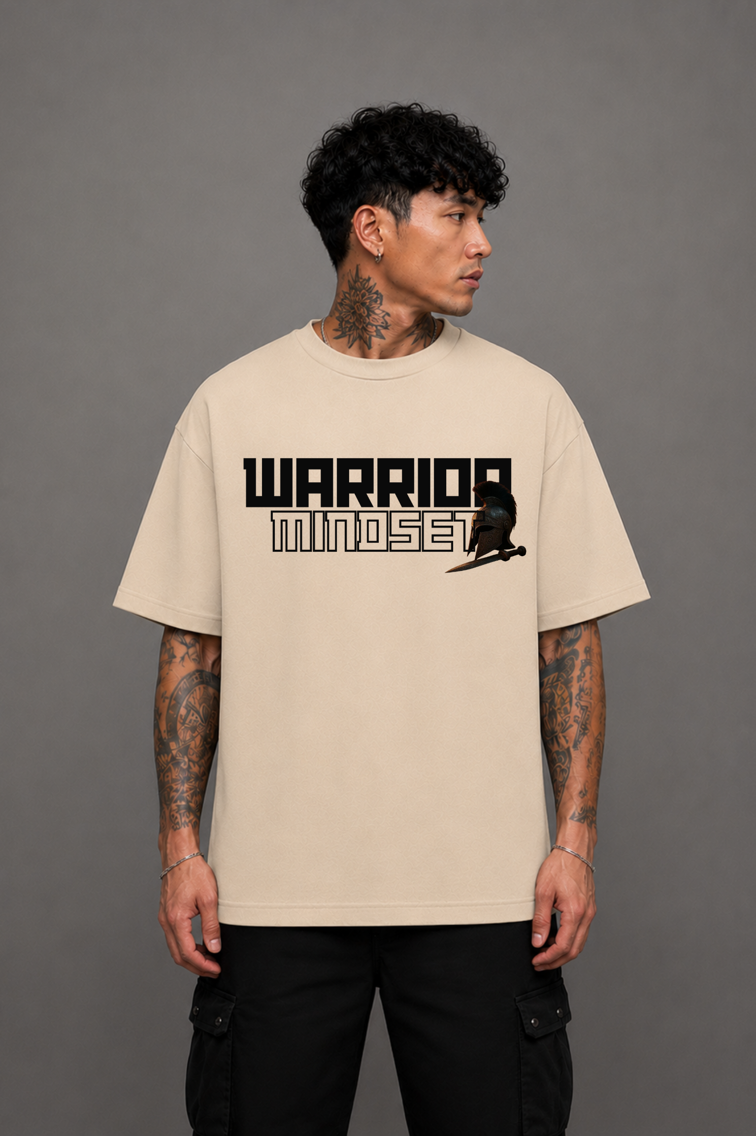 Warrior Graphic Oversized T-Shirt Beige