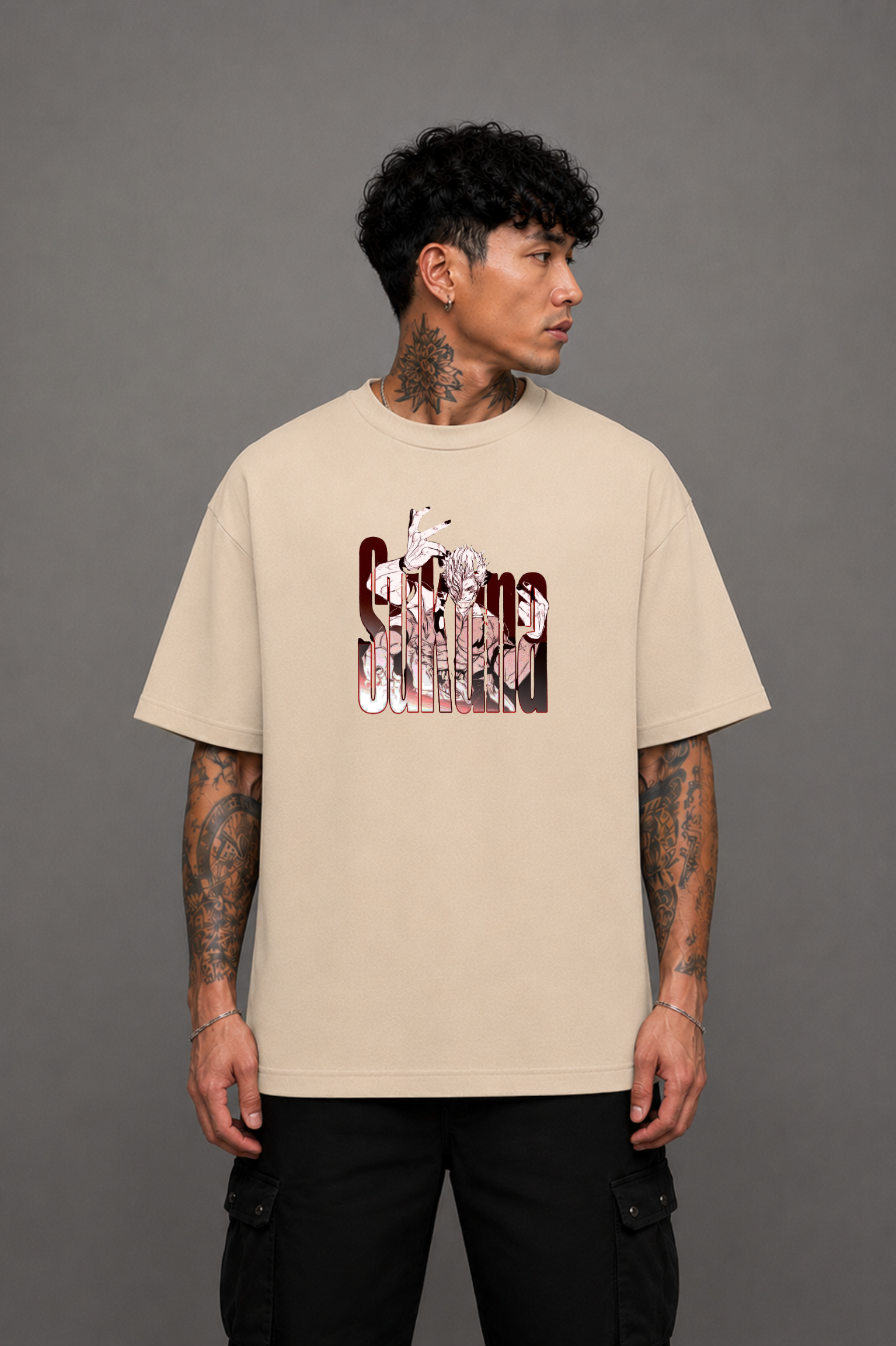 Sukuna Anime Oversized T-Shirt - Beige