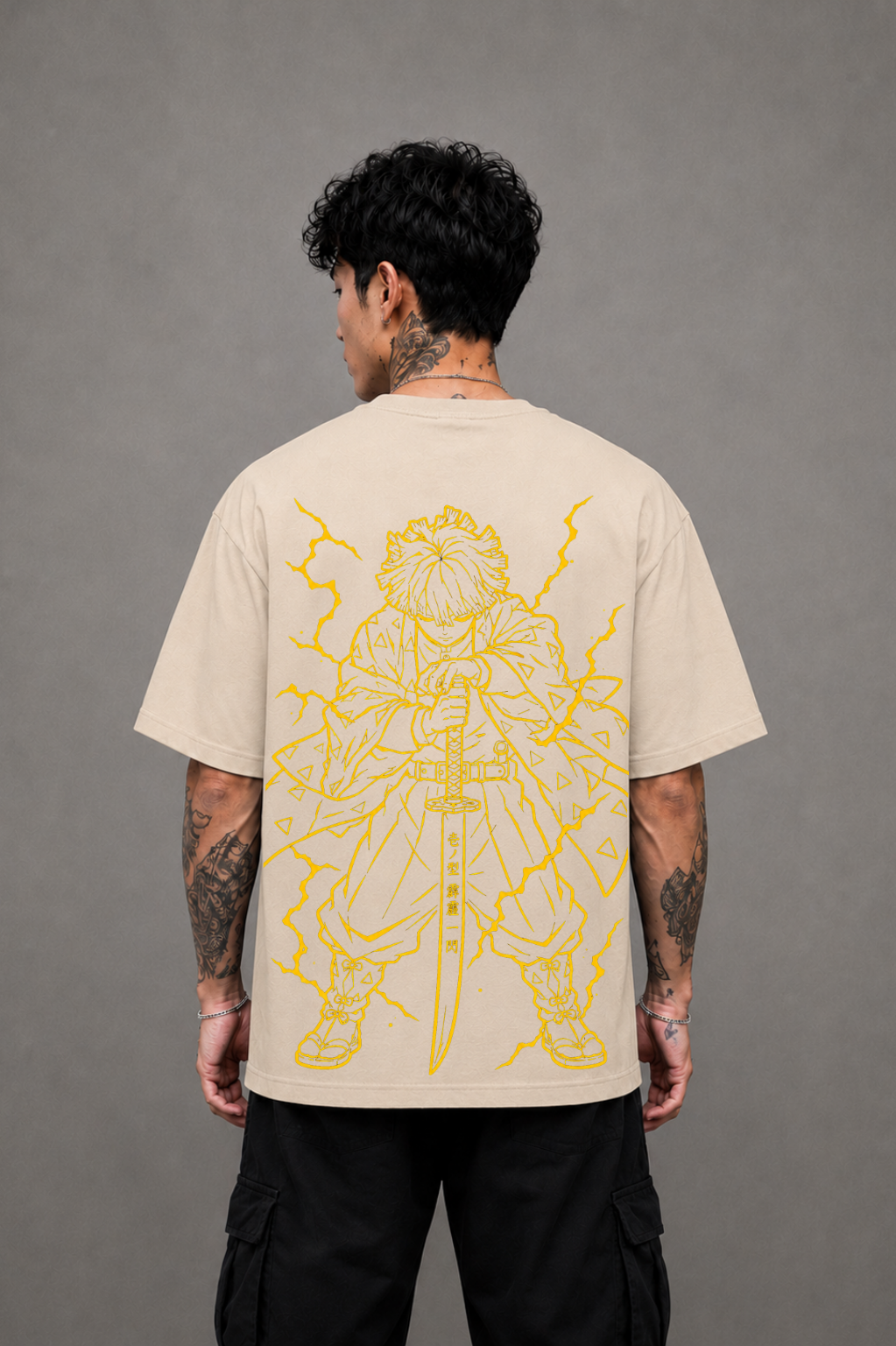 Zenitsu Agatsuma Oversized Anime T-Shirt - Beige