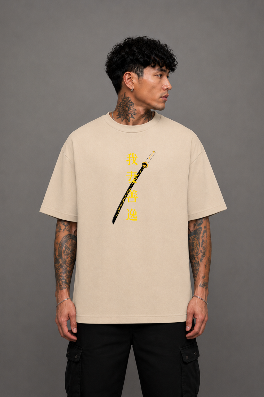 Zenitsu Agatsuma Oversized Anime T-Shirt - Beige