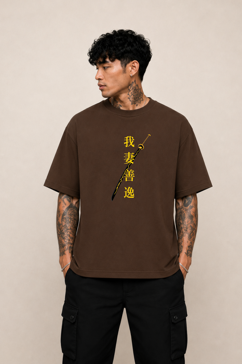 Zenitsu Agatsuma Oversized Anime T-Shirt - Coffee Brown