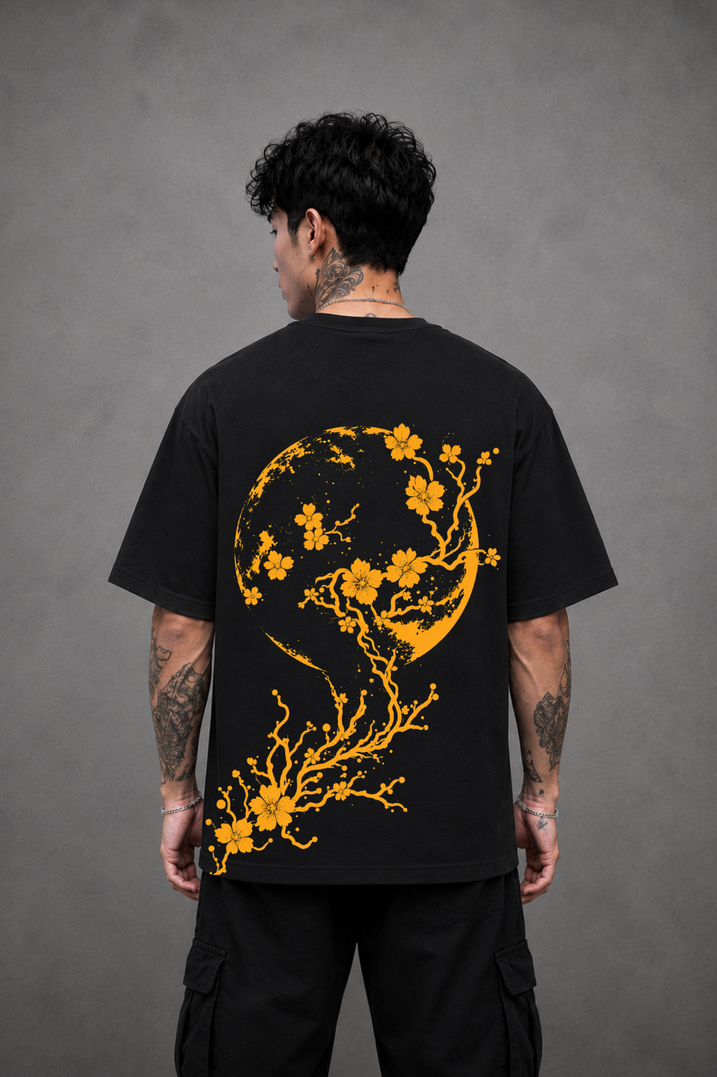 Moon Blossom Oversized Graphic T-Shirt - Black