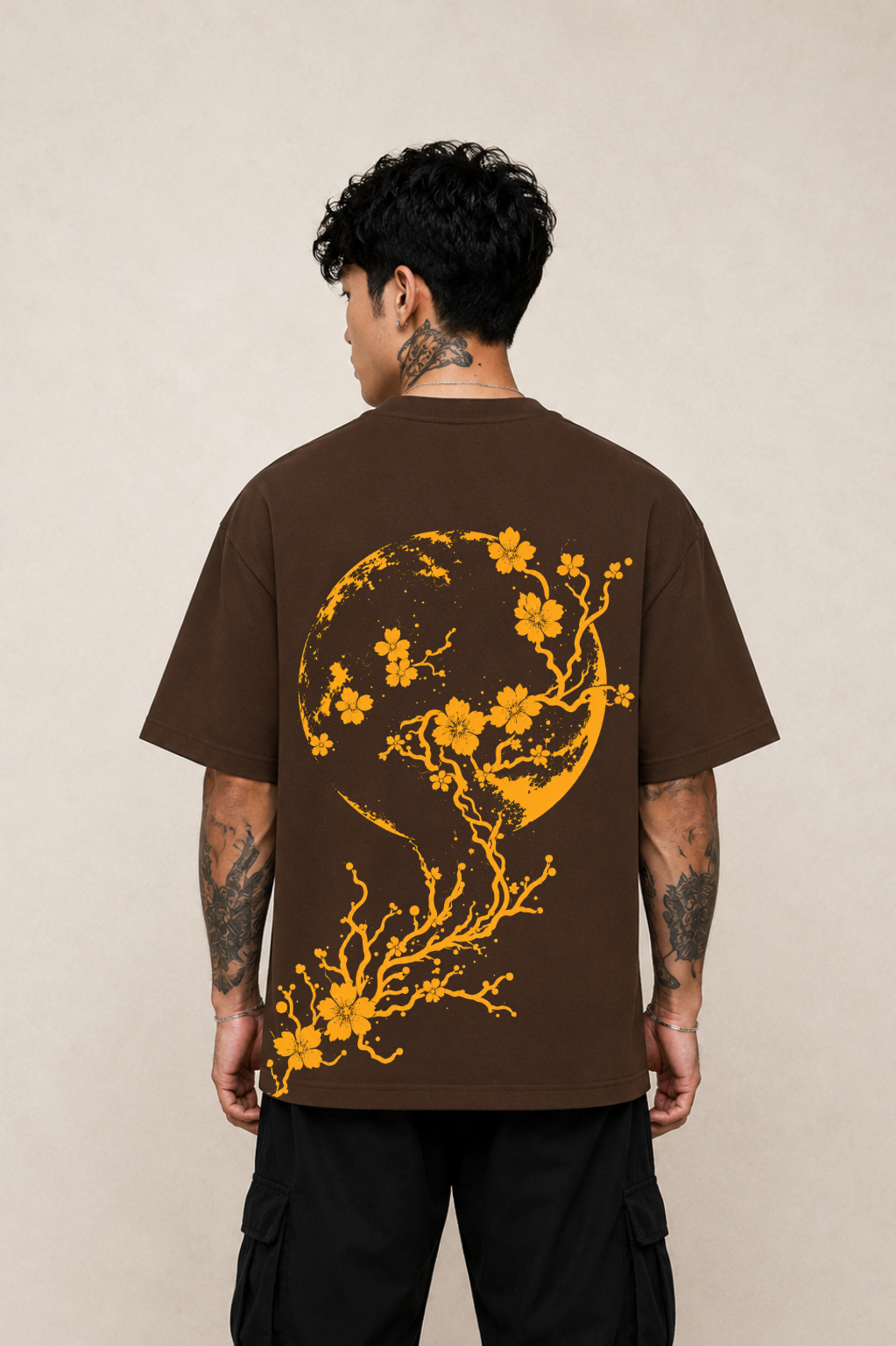 Moon Blossom Oversized Graphic T-Shirt - Coffee Brown