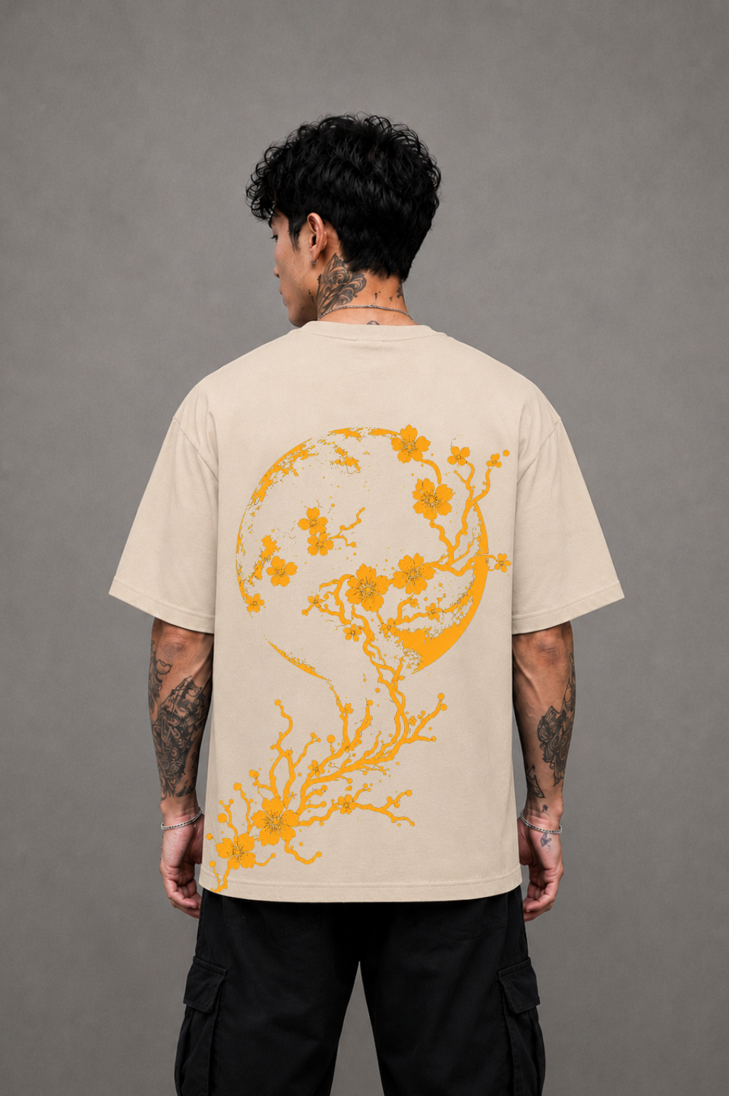 Moon Blossom Oversized Graphic T-Shirt - Beige