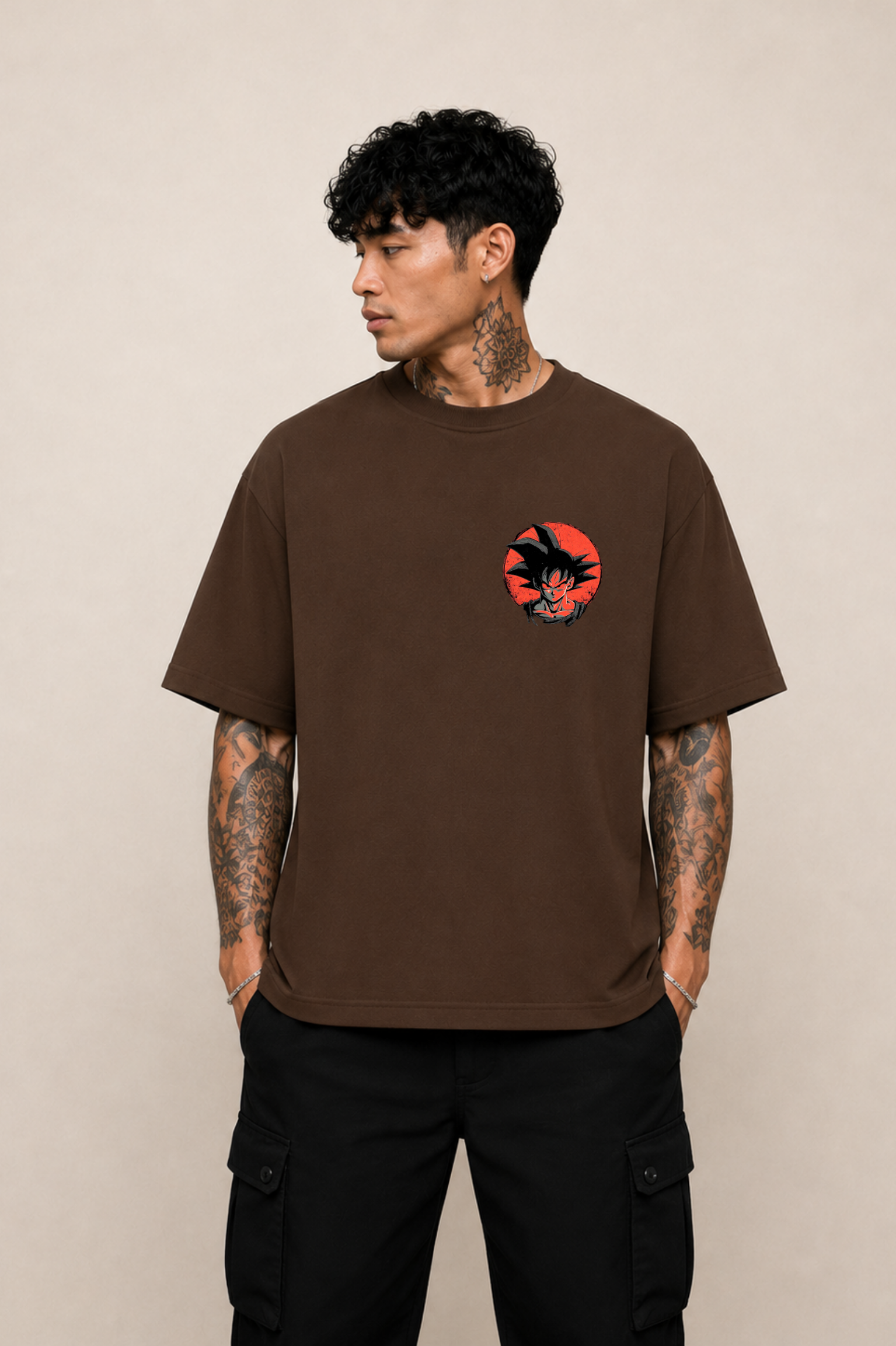 Goku Anime Oversized T-Shirt - Coffee Brown