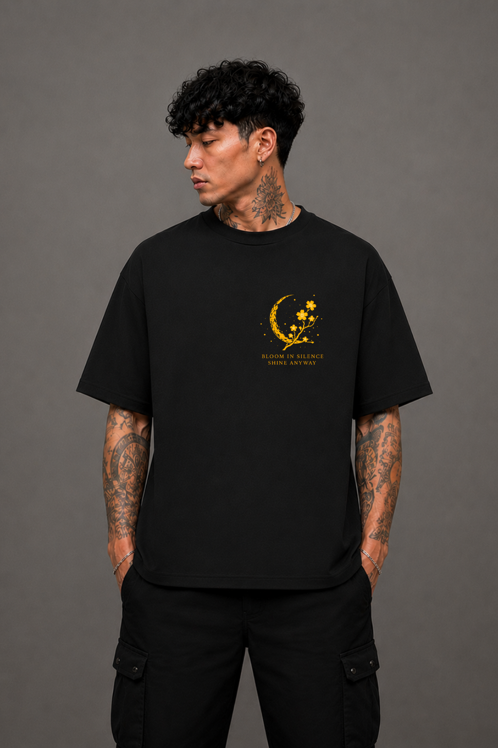 Moon Blossom Oversized Graphic T-Shirt - Black