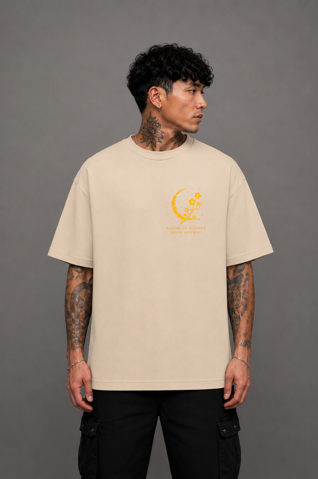 Moon Blossom Oversized Graphic T-Shirt - Beige