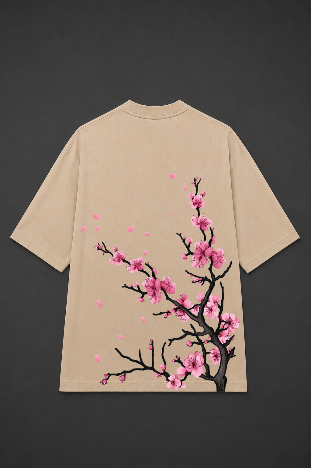 Sakura Blossom Oversized Graphic T-Shirt - Beige