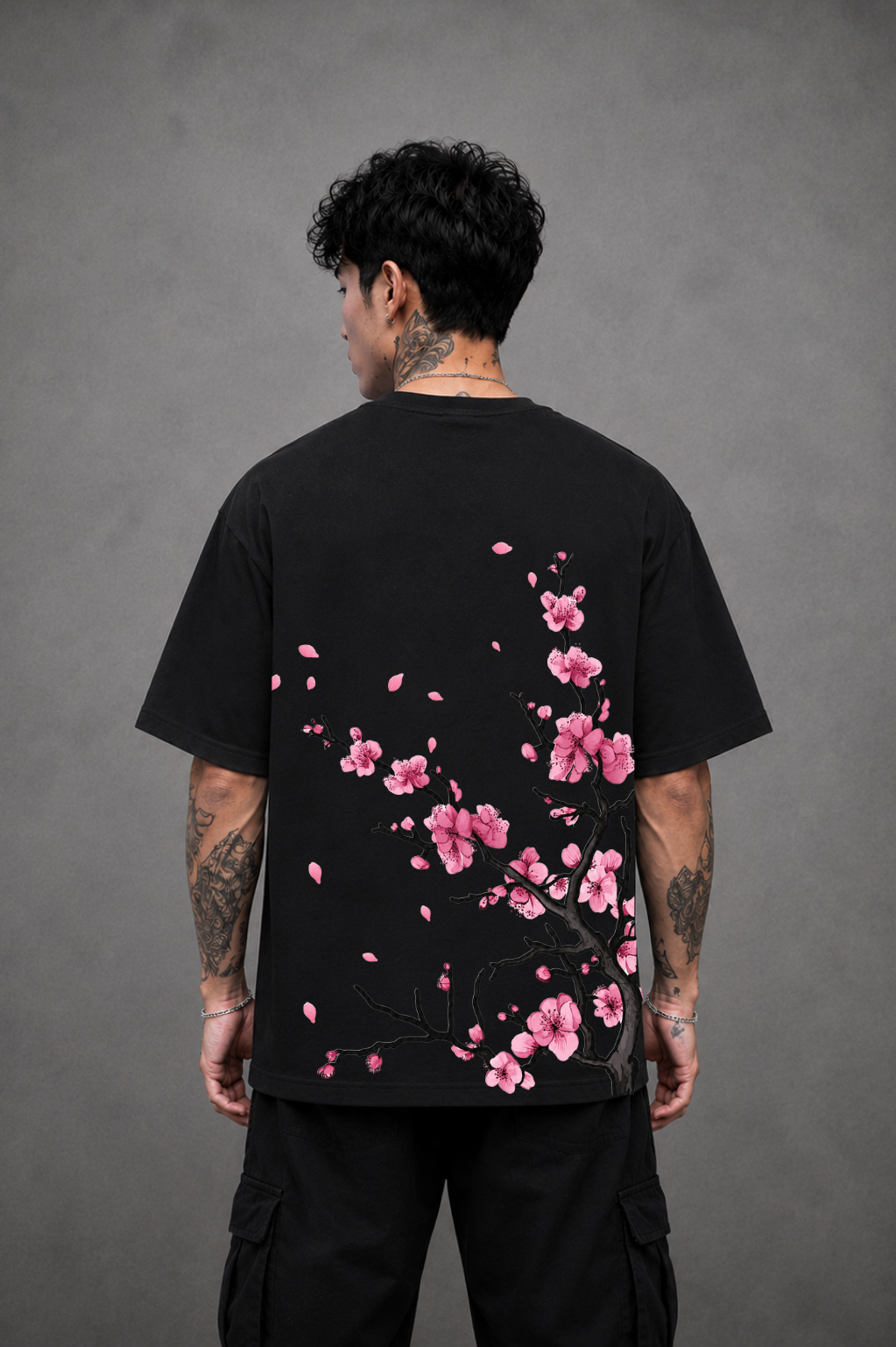 Sakura Blossom Oversized Graphic T-Shirt - Black