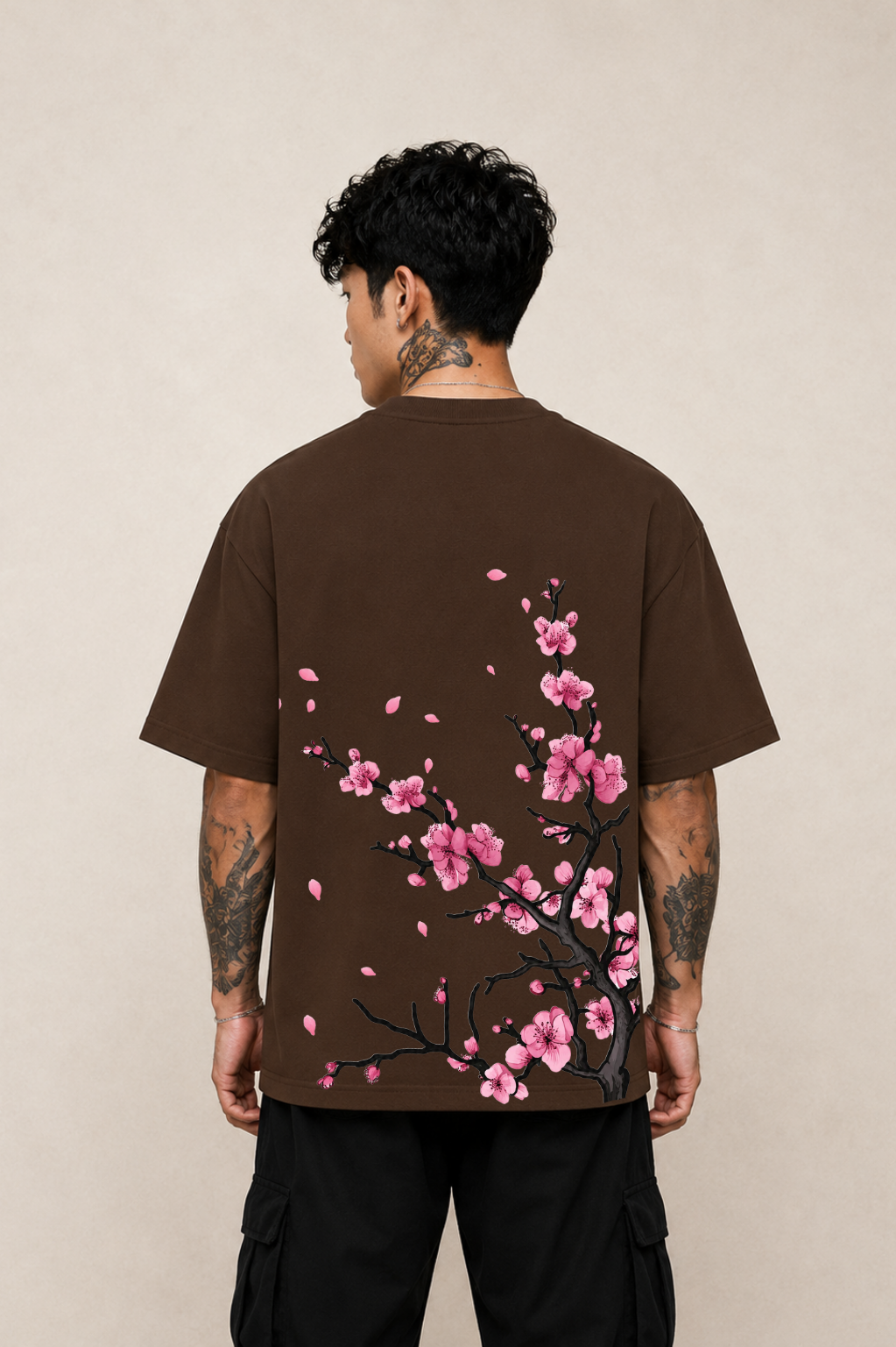 Sakura Blossom Oversized Graphic T-Shirt - Coffee Brown