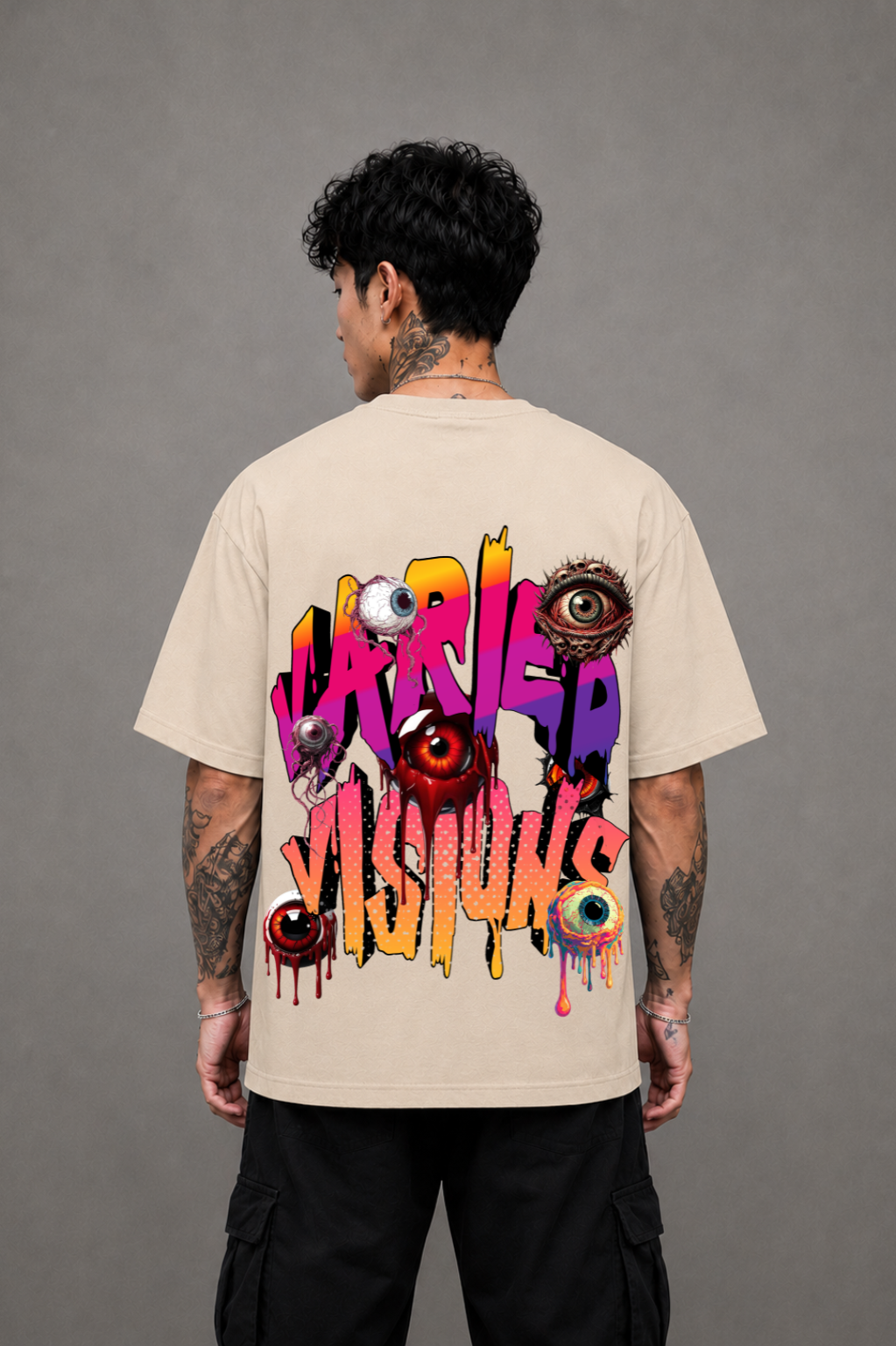 Varied Visions Oversized Graphic T-Shirt - Beige