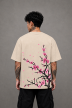 Sakura Blossom Oversized Graphic T-Shirt - Beige