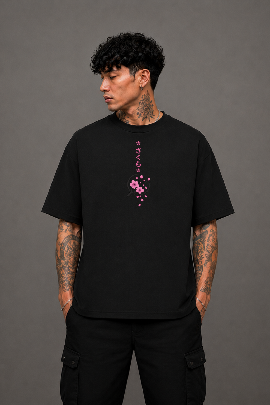 Sakura Blossom Oversized Graphic T-Shirt - Black