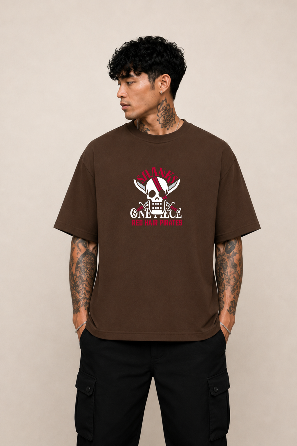 Shanks Anime Oversized T-Shirt - Coffee Brown