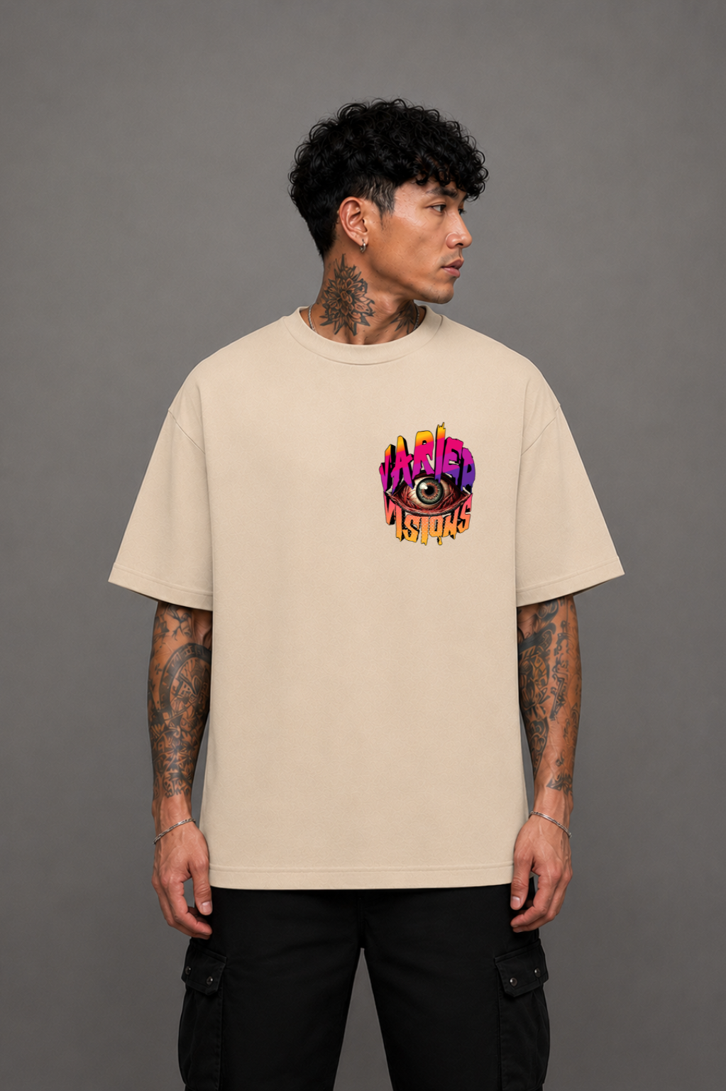 Varied Visions Oversized Graphic T-Shirt - Beige