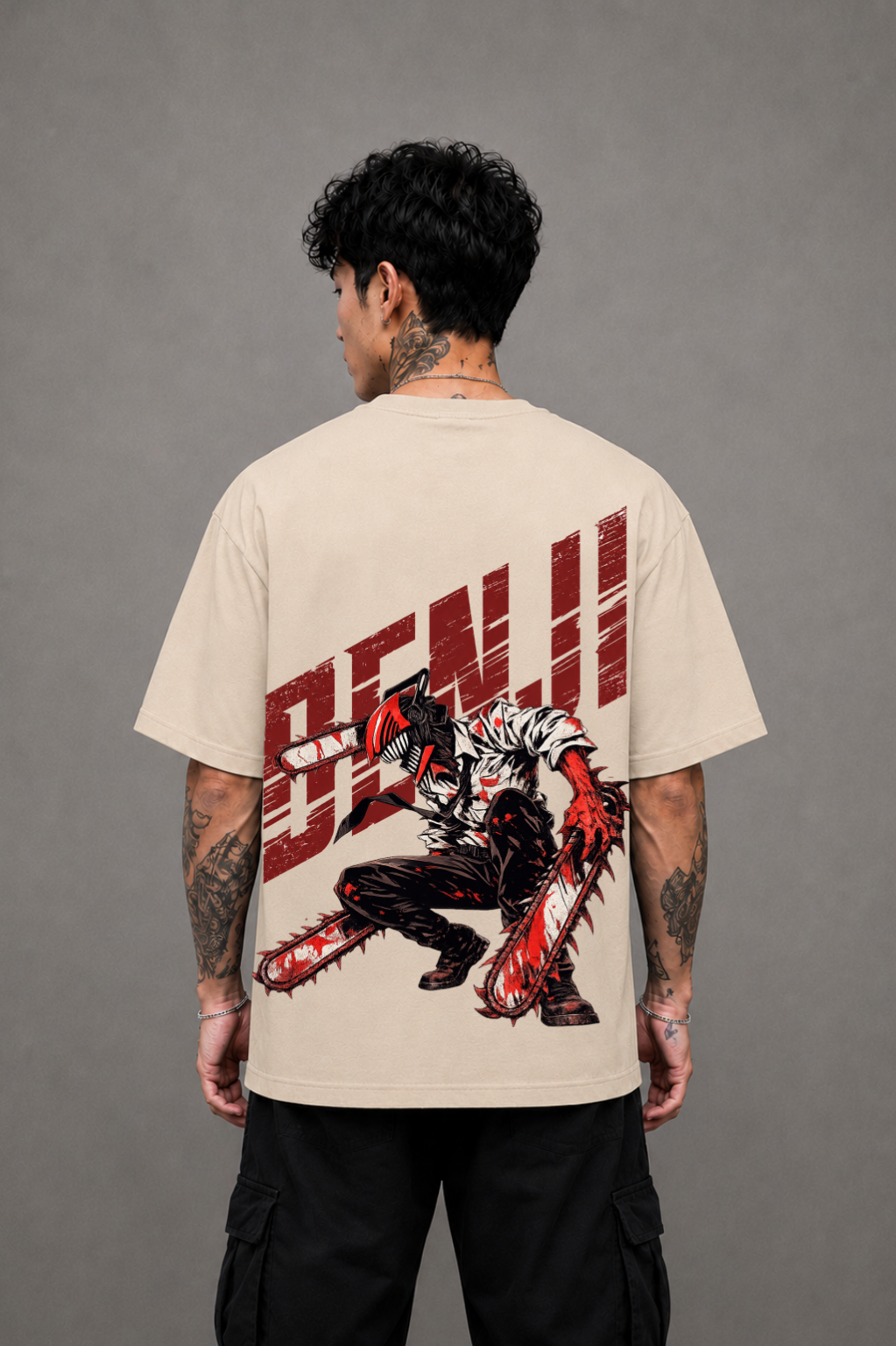 Denji Oversized Anime T-Shirt - Beige