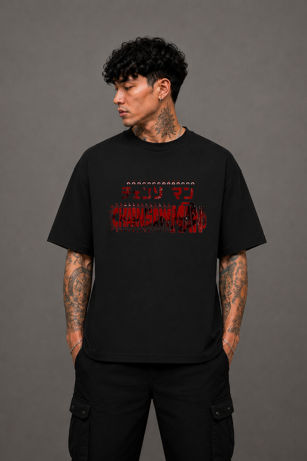Denji Oversized Anime T-Shirt - Black