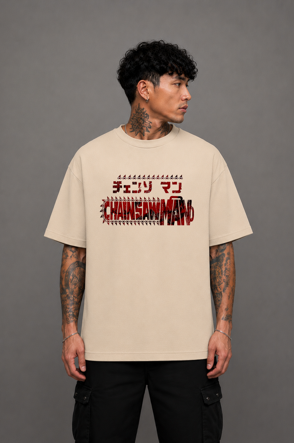 Denji Oversized Anime T-Shirt - Beige