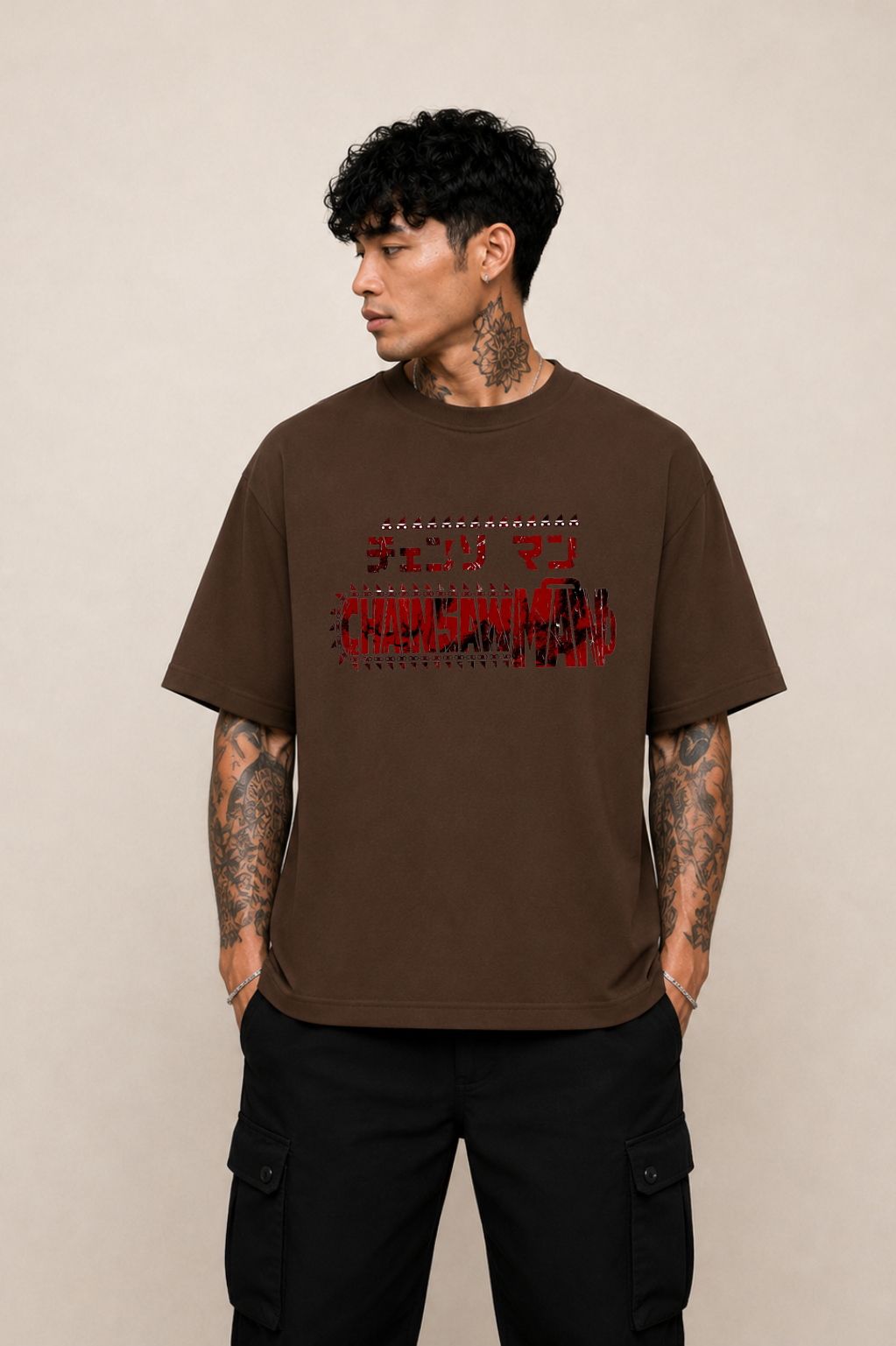 Denji Oversized Anime T-Shirt - Coffee Brown