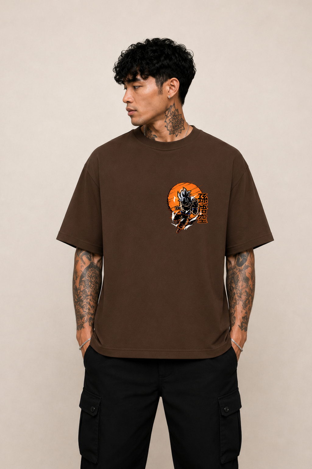 Ultra Instinct Goku Oversized Anime T-Shirt - Coffee Brown