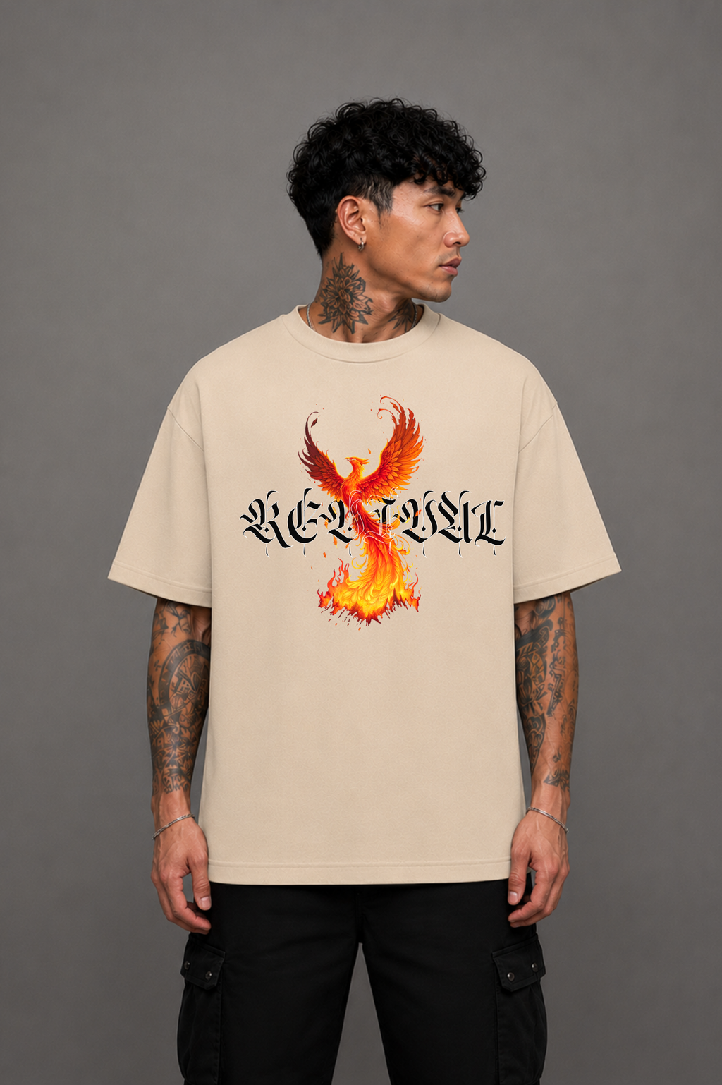 Phoenix Graphic Oversized T-Shirt - Beige