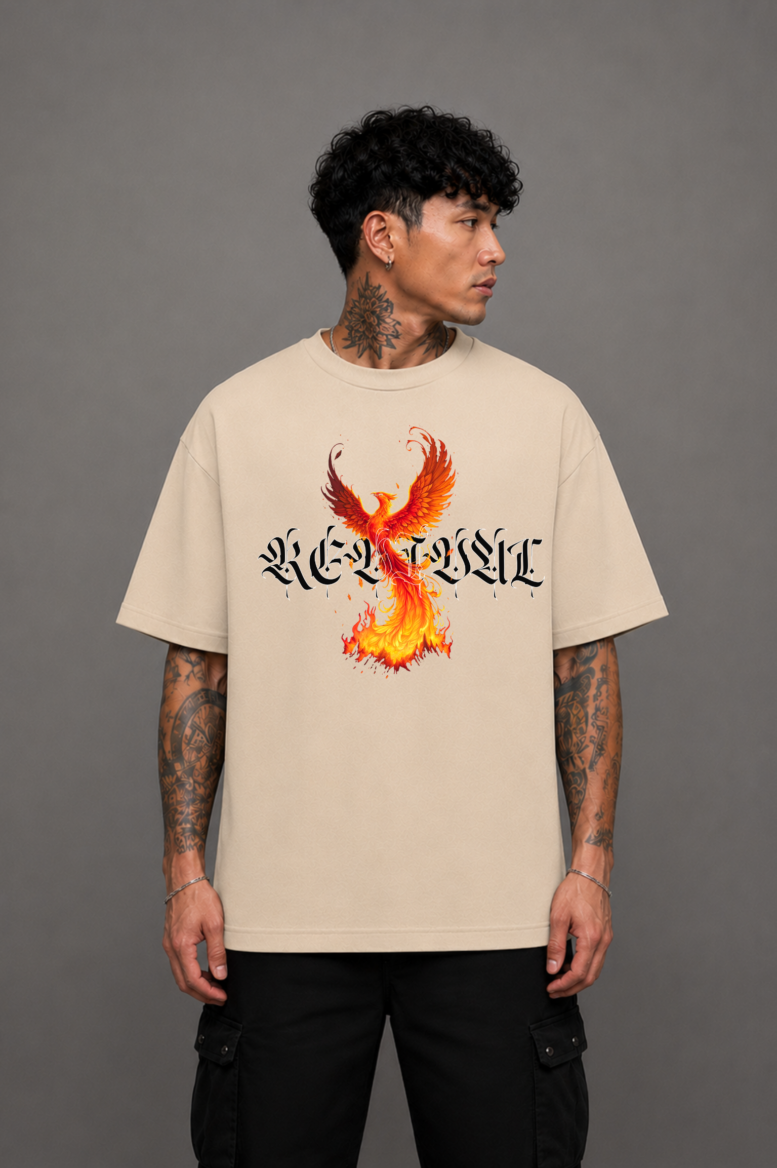 Phoenix Graphic Oversized T-Shirt - Beige