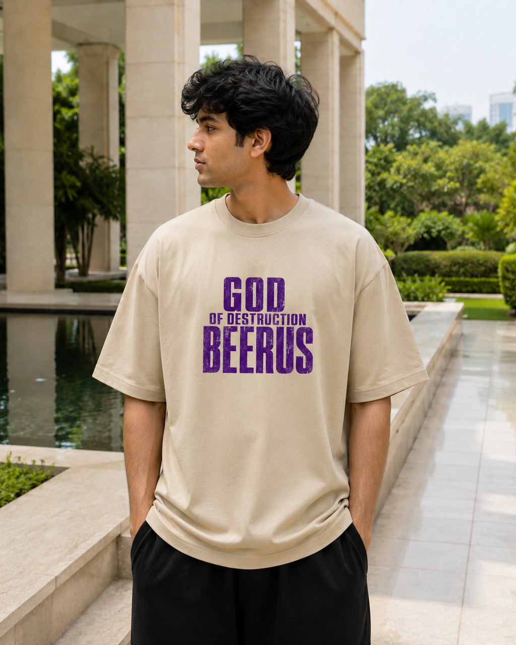 Beerus Oversized Anime T-Shirt - Beige