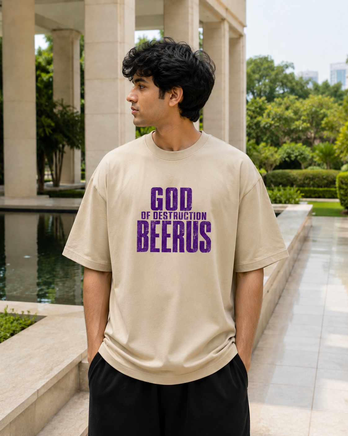 Beerus Oversized Anime T-Shirt - Beige