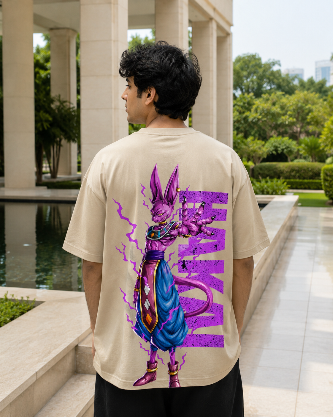 Beerus Oversized Anime T-Shirt - Beige