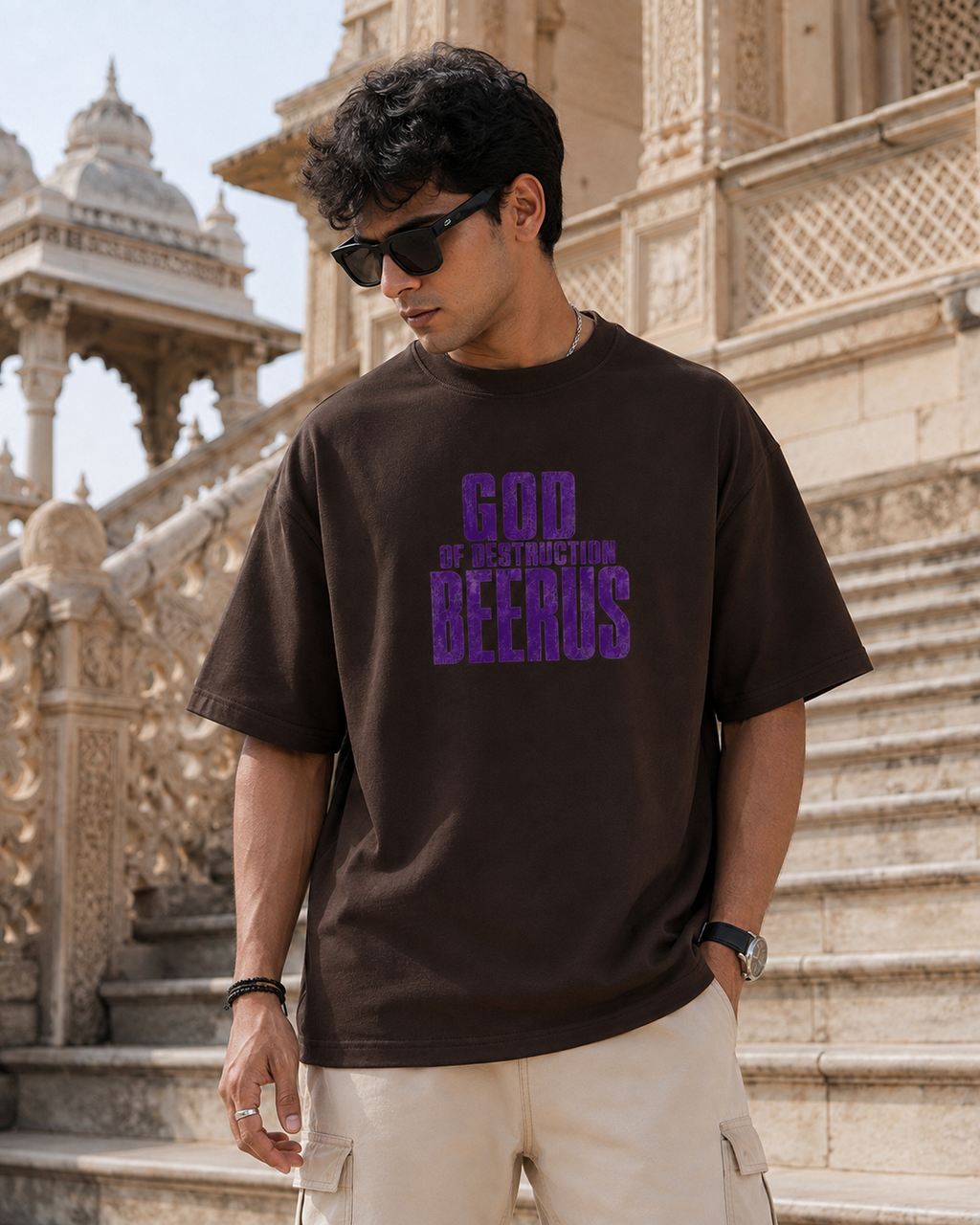 Beerus Oversized Anime T-Shirt - Coffee Brown