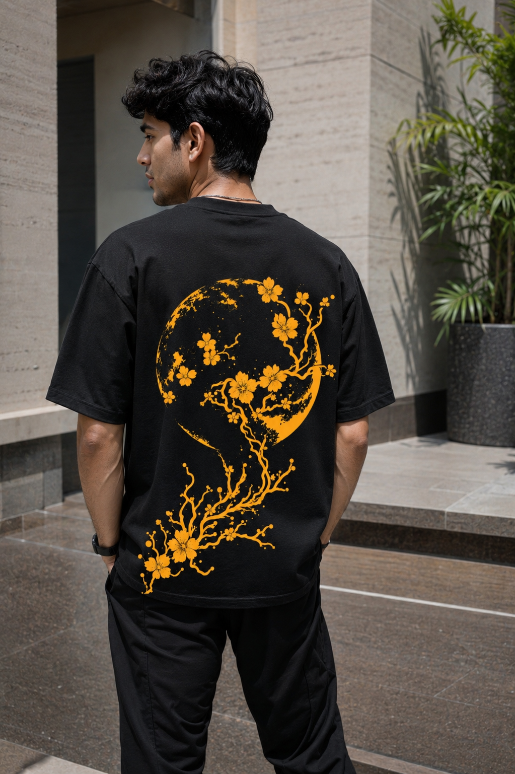 Moon Blossom Oversized Graphic T-Shirt - Black