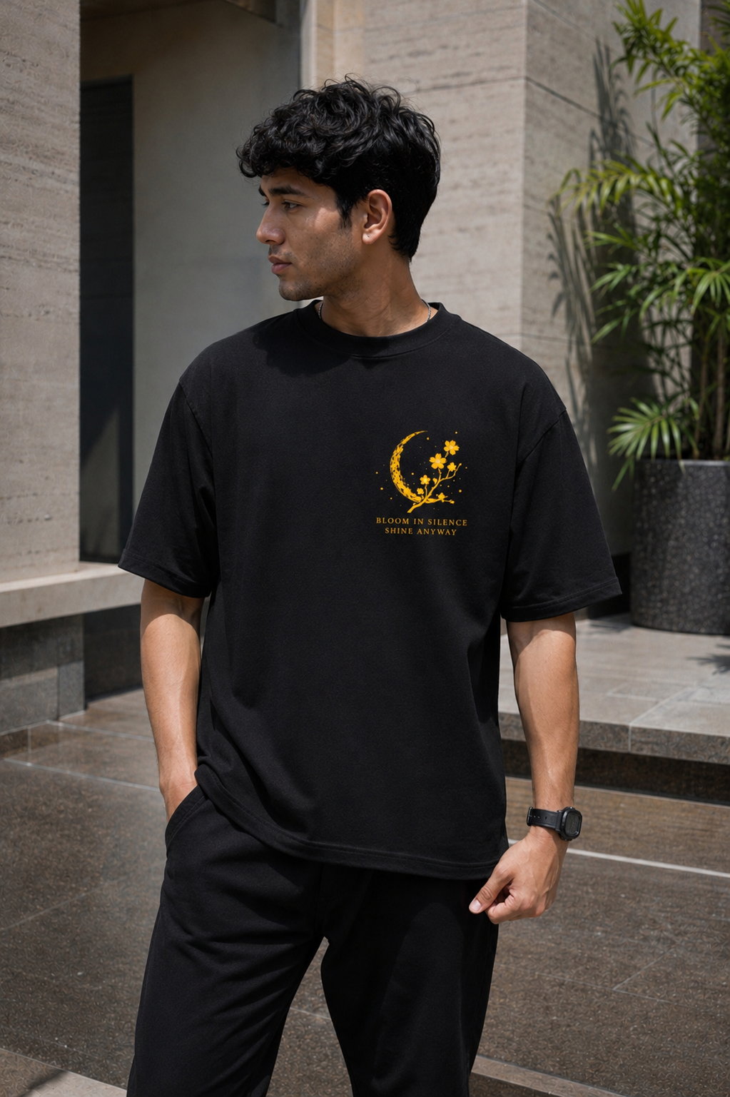 Moon Blossom Oversized Graphic T-Shirt - Black