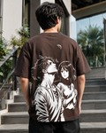 Eren x Mikasa Oversized Anime T-Shirt | Attack on Titan Graphic Tee - Coffee Brown