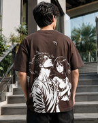 Eren x Mikasa Oversized Anime T-Shirt | Attack on Titan Graphic Tee - Coffee Brown