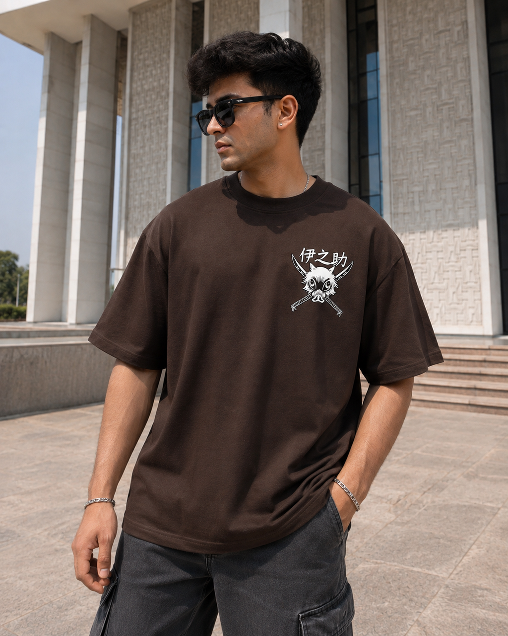 Inosuke Hashibira Oversized Anime T-Shirt - Coffee Brown