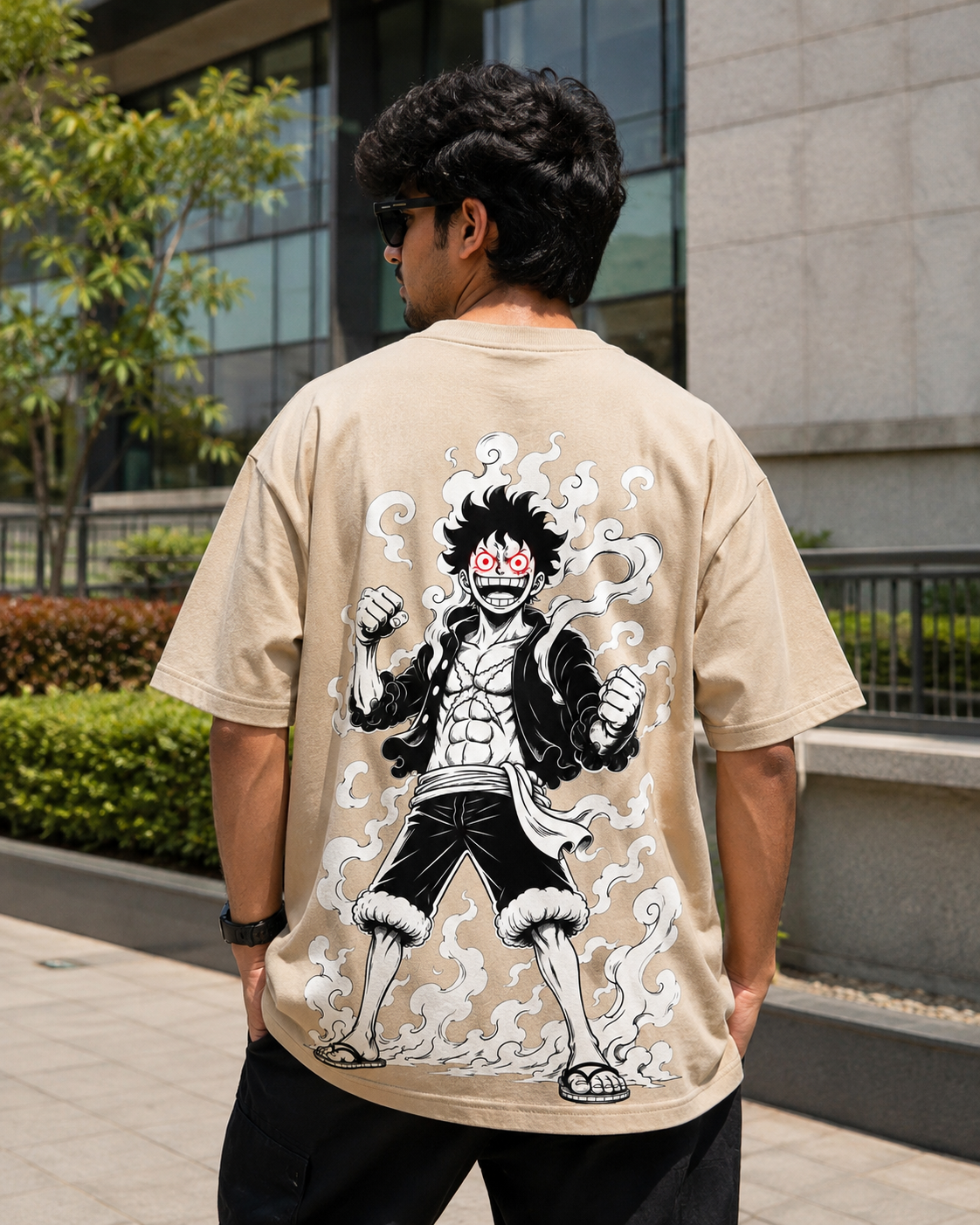 Monkey D. Luffy Gear 5 Oversized Anime T-Shirt- Beige