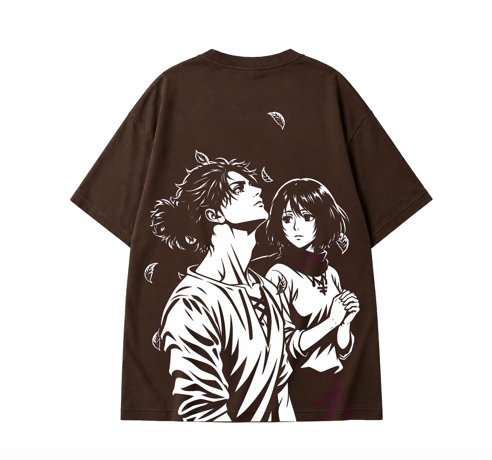 Eren x Mikasa Oversized Anime T-Shirt | Attack on Titan Graphic Tee - Coffee Brown