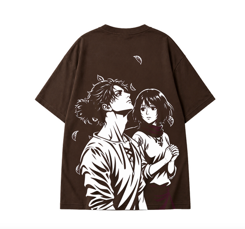 Eren x Mikasa Oversized Anime T-Shirt - Coffee Brown