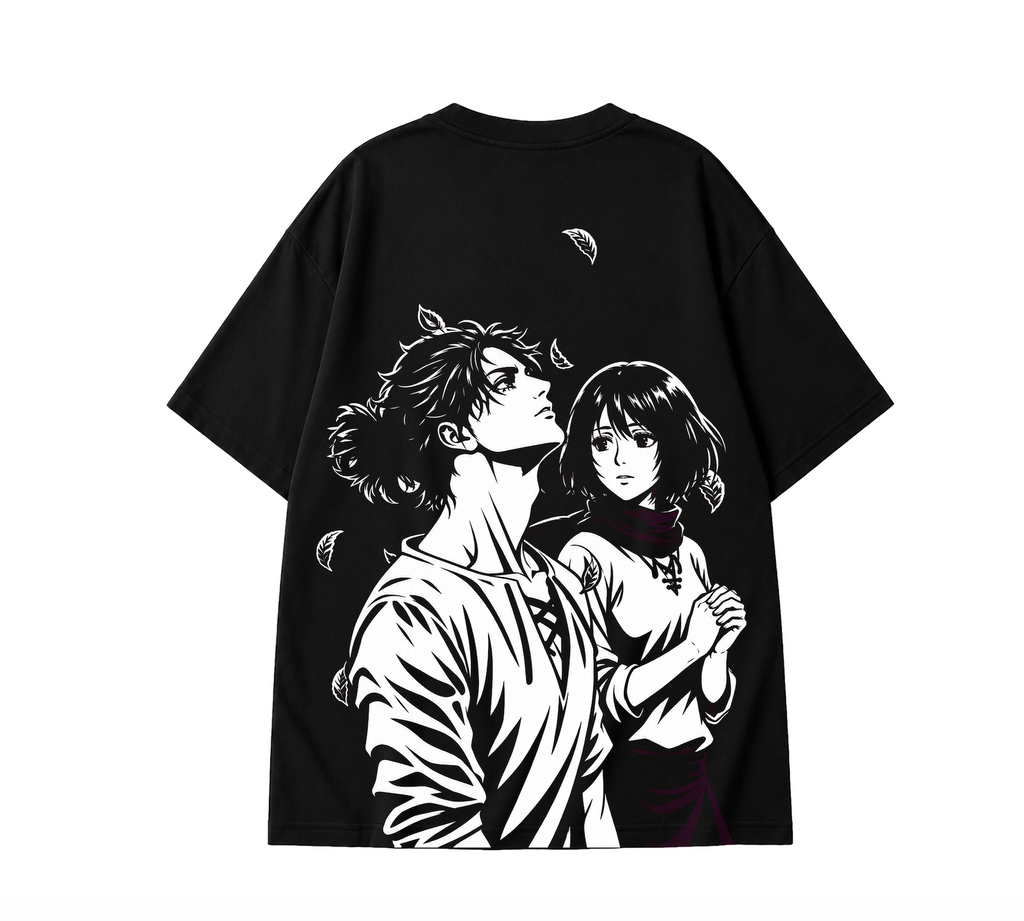 Eren x Mikasa Oversized Anime T-Shirt | Attack on Titan Graphic Tee - Black