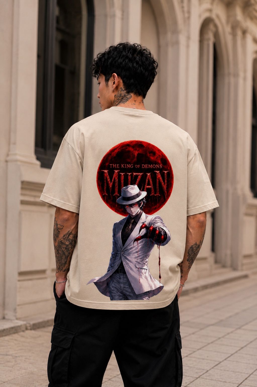 Muzan Kibutsuji Oversized Anime T-Shirt - Beige