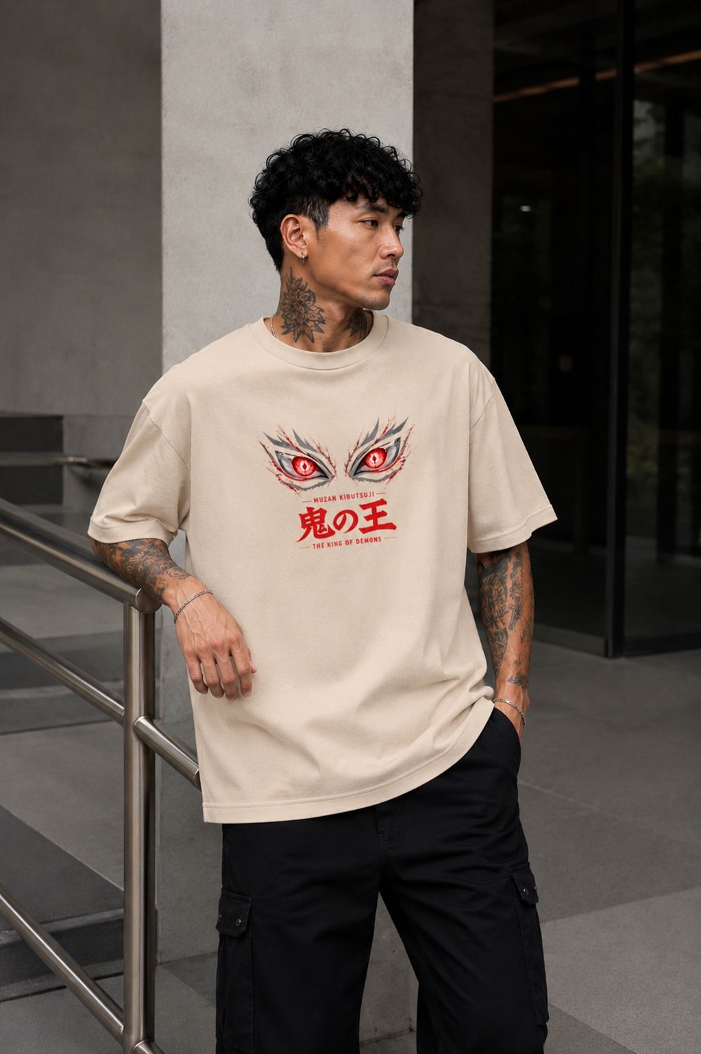 Muzan Kibutsuji Oversized Anime T-Shirt - Beige