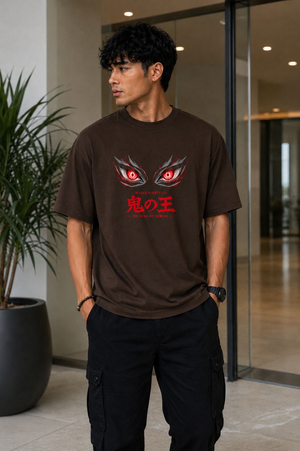 Muzan Kibutsuji Oversized Anime Coffee T-Shirt - Coffee Brown