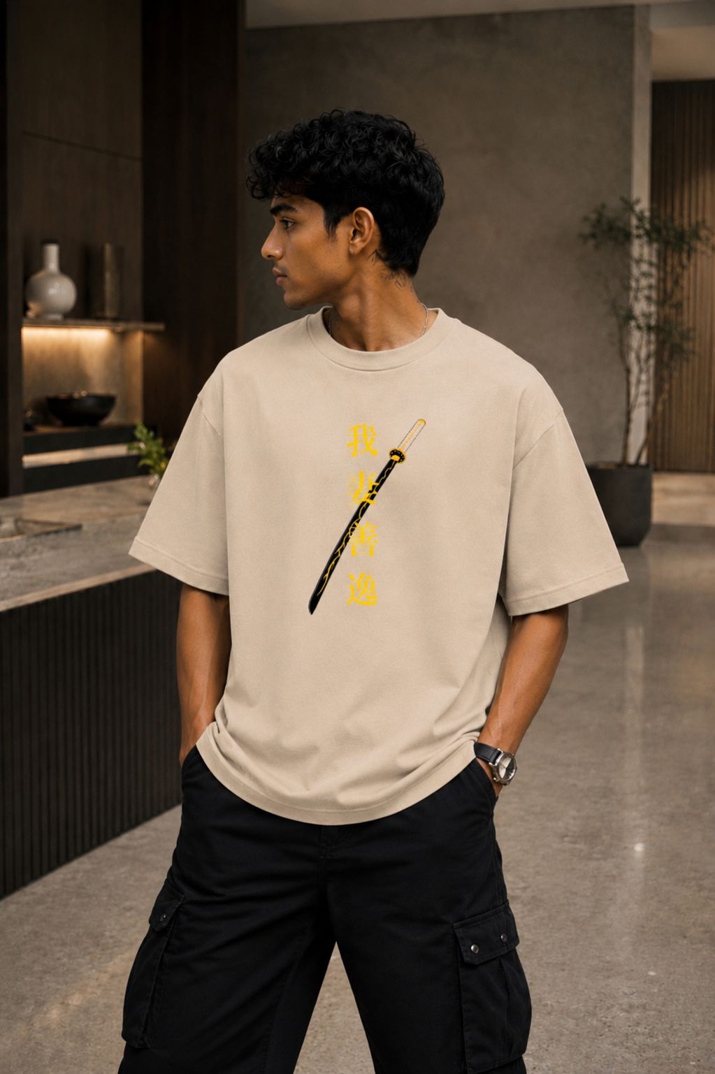 Zenitsu Agatsuma Oversized Anime T-Shirt - Beige