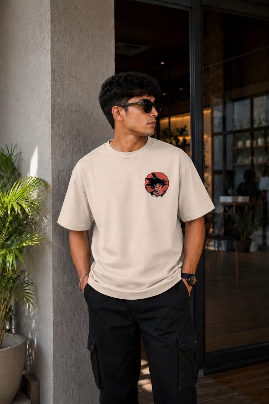 Goku Anime Oversized T-Shirt - Beige