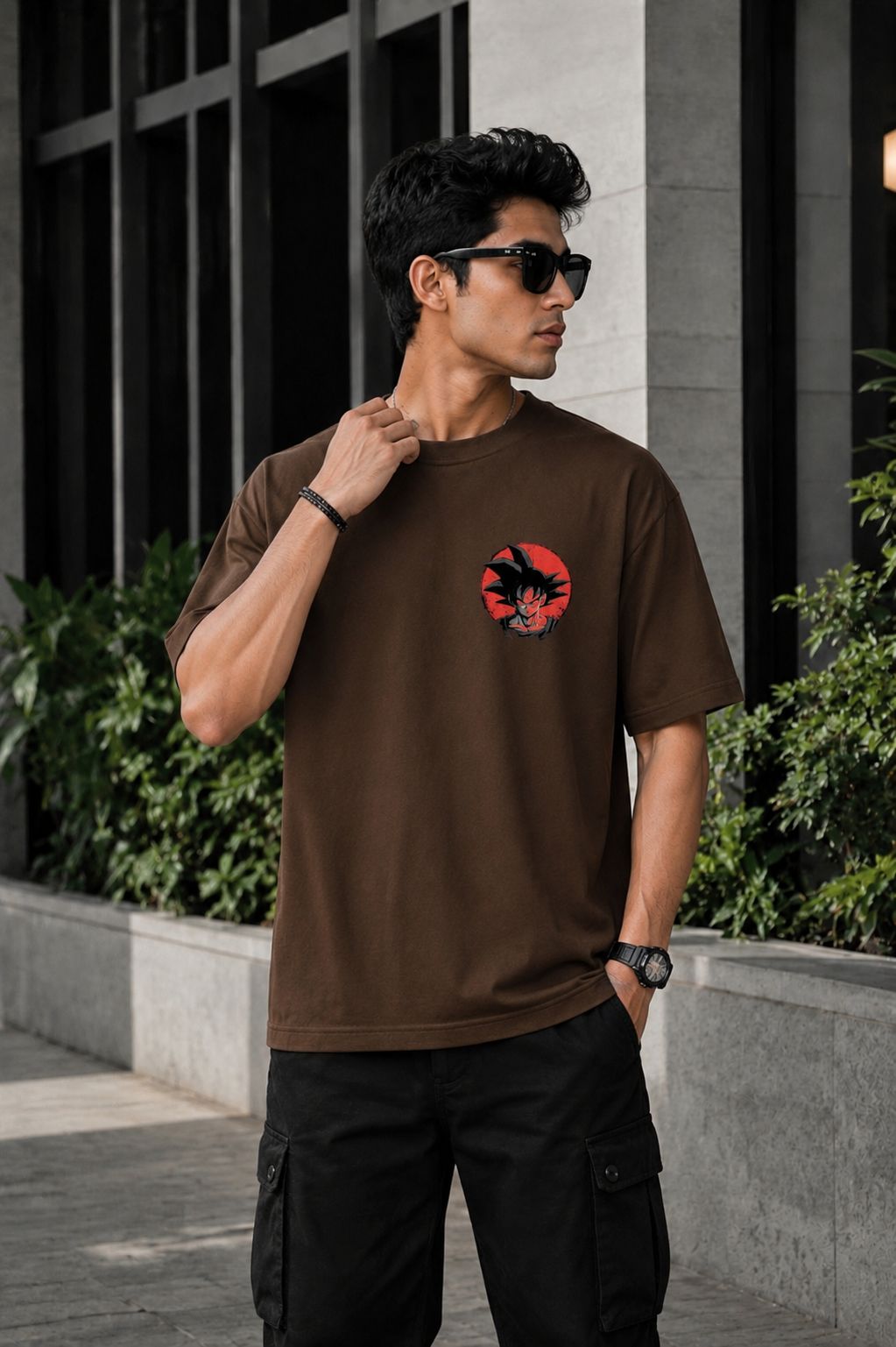 Goku Anime Oversized T-Shirt - Coffee Brown
