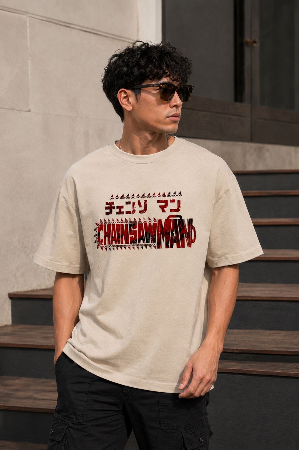 Denji Oversized Anime T-Shirt - Beige