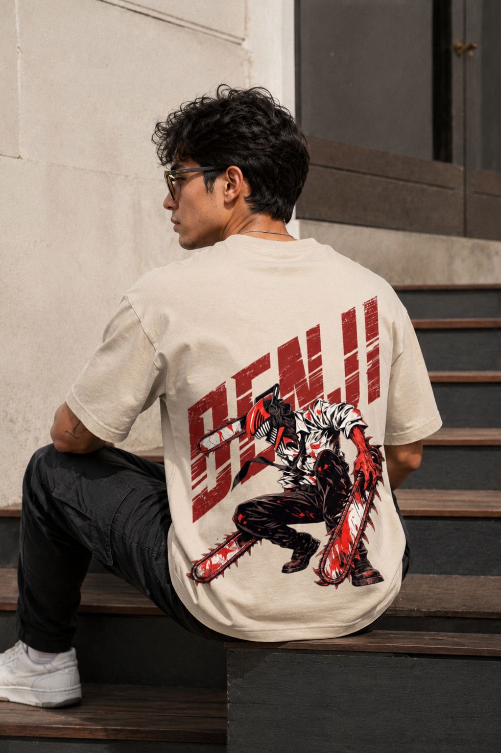 Denji Oversized Anime T-Shirt - Beige
