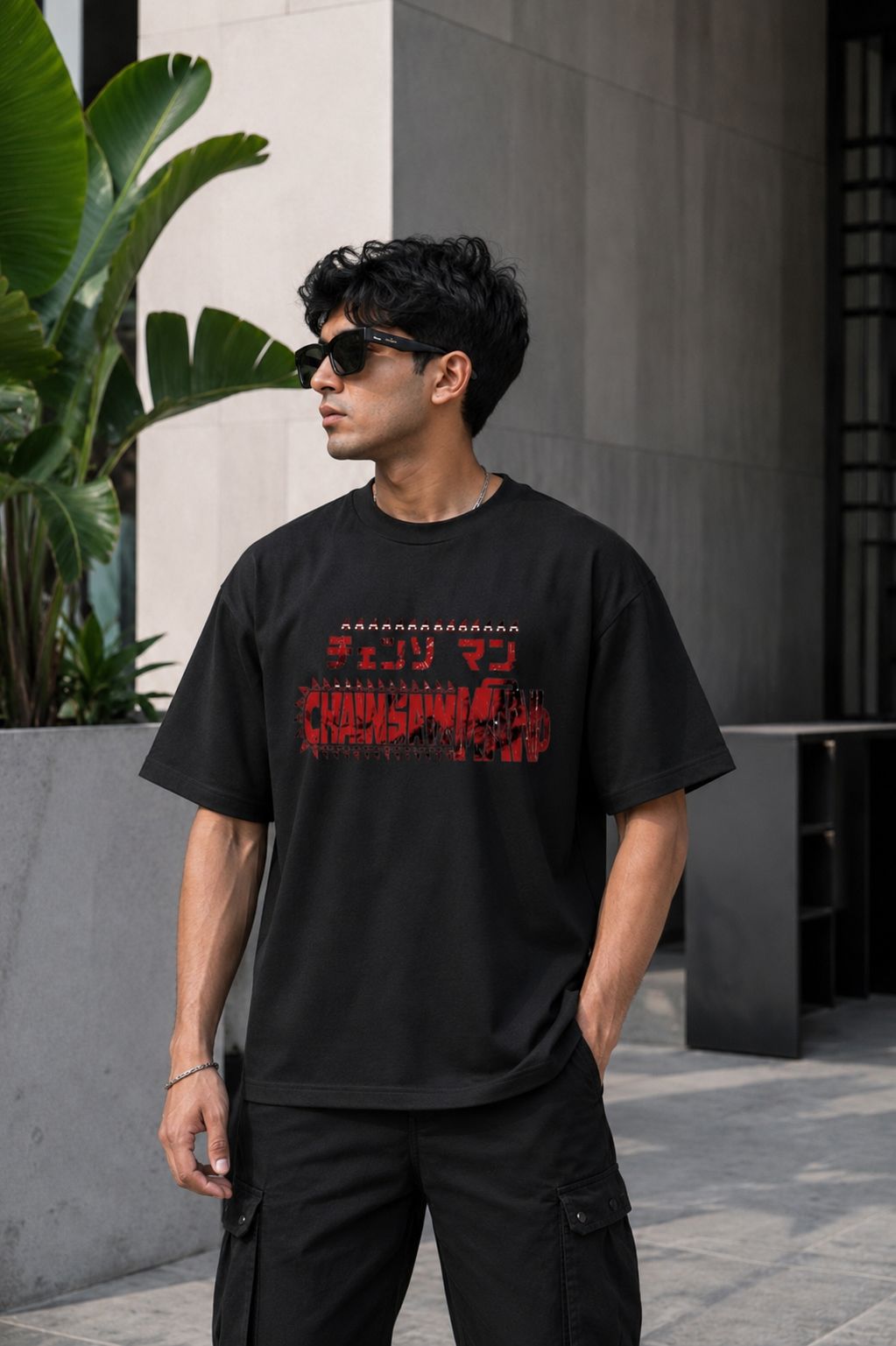 Denji Oversized Anime T-Shirt - Black