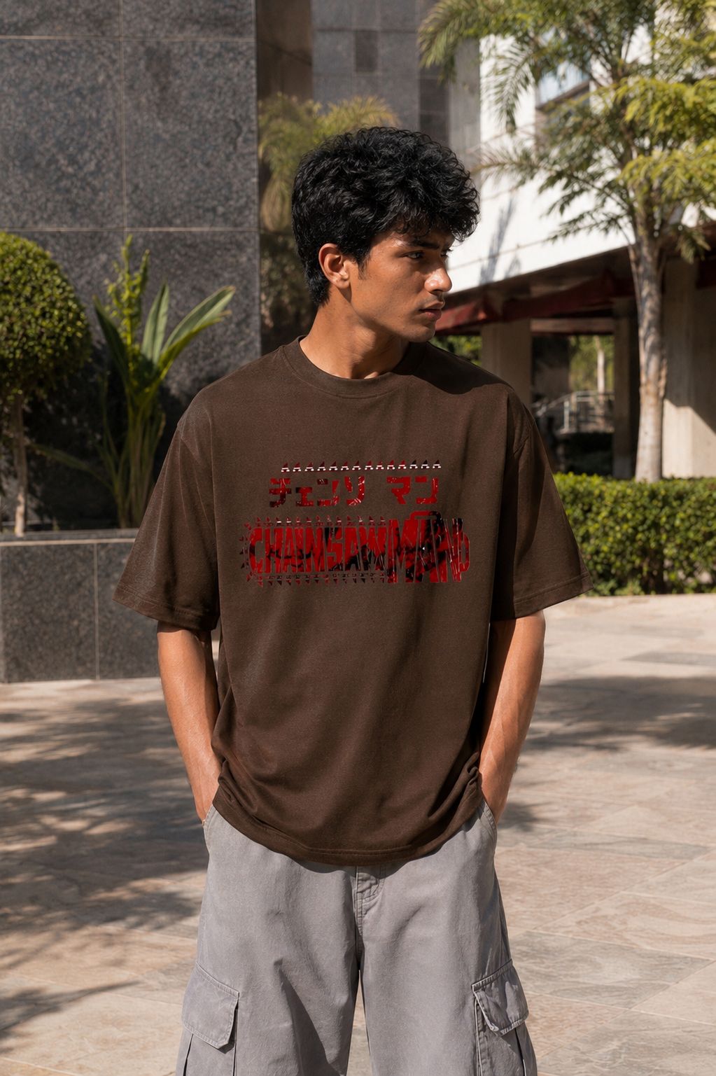 Denji Oversized Anime T-Shirt - Coffee Brown